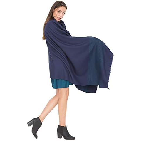likemary Pashmina Shawls and Wraps for Women - Merino Wool Travel Blanket Scarf - Oversized Stripes Blue Shawl Cover