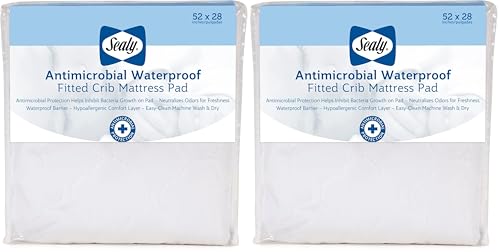 Image of Sealy Baby Antimicrobial Fitted Waterproof Infant Crib Mattress Protector Pad and Toddler Bed Cover, Designed to Neutralize Odors, Machine Washable and Dryer Friendly, 52 inch x 28 inch- White (Pack of 2)