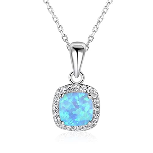 Collier argent sterling femme avec pendentif carré opale bleue et oxydes de zirconium raffinés
