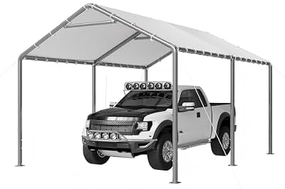 Aoxun 10x15 ft Carport Heavy Duty Car Canopy for Cars, Boats, Trucks, Outdoor Carport Shelter Portable Garage with Reinforced Frame and Stakes, White