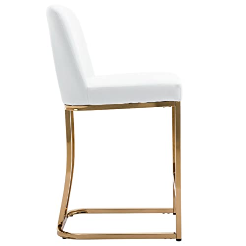 Bestano Mid-Century Modern Counter Height Bar Stools With Gold Metal Base And Footrest, 24" Pu Faux Leather Upholstered Counter Stool Chairs For Kitchen Island Set Of 4, White #TOP5