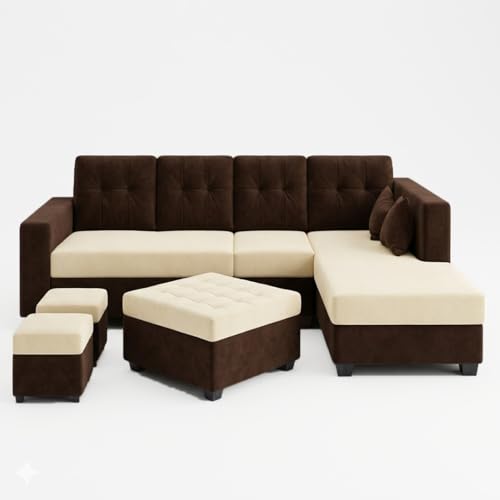 Image of FURNY Nathan 8 Seater L Shape Sofa Set RHS (Dark Brown-Cream) | Suede Velvet Finish | Durable Comfort Sofa for Modern Living Room & Office Spaces