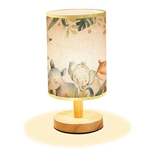 Image of LOPYEIJFG Minimalist Bedside Table Lamp Safari Animals Watercolor with Baby Elephant Lion Zebra Giraffe Wood Nightstand Desk Base Flaxen Fabric Shade for Bedroom Living Room 5.5x11inch