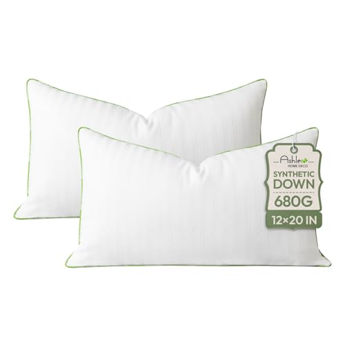 Ashler Home Deco Synthetic Down Pillow Inserts 12x20 Down Alternative Throw Pillows Insert Sleeping Pillows with 100% Cotton Cover Decorative Pillow Stuffer for Sofa Couch Bed(Set of 2 White)