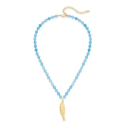YUJIE Natural Blue Stone Beaded Necklace for Women Boho Coastal Beach 14k Gold Plated Sardine Fish Charm Pendant Necklace for Summer(fish)