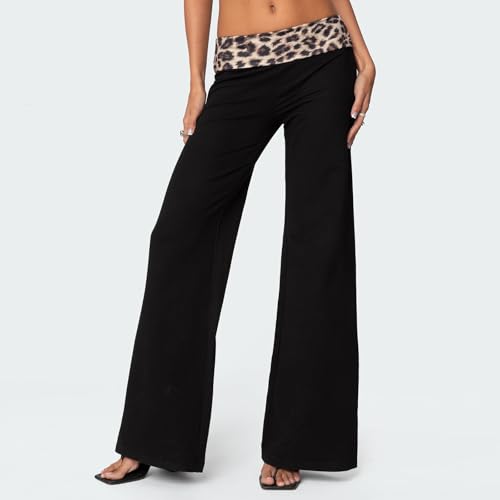 SOLILOQUY Women Leopard Waistband Slight Flare Pants Solid Color Bell Bottoms Trendy Bootcut Trousers Y2K Streetwear2