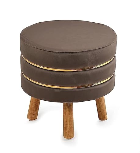 Image of Living Room Round Wooden Velvet Ottoman with Footrest and Linen Fabric Padded Seat Pouffe Ottoman with Round Shape and Office Stool- Brown