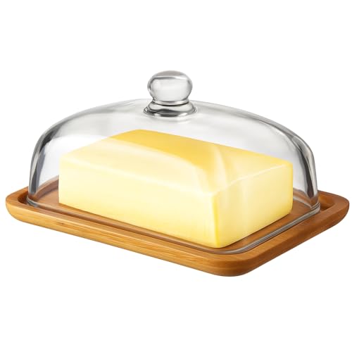 Burriera - Burriera in Vetro con Coperchio – Porta Burro da Frigorifero con Base in Bambù, Portaburro per Conservare Burro, Formaggio, Torte, Snack, Colazione