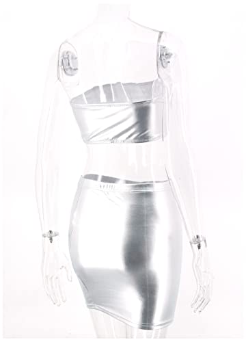 Vimoisa Women Sexy Shiny Metallic Silver Off Shoulder Tube Top Crop Vest Short Skirt Set Two Piece Outfit Suit4