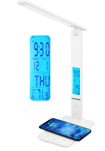 Blaupunkt Lampe Bureau LED avec Chargeur Sans Fil, Port Chargement USB, Lampe Table à Gradation avec 5 Modes Couleurs, Bras Réglable, Bureau, Lampe Lecture, Affichage LCD, Blanc Regular Cover