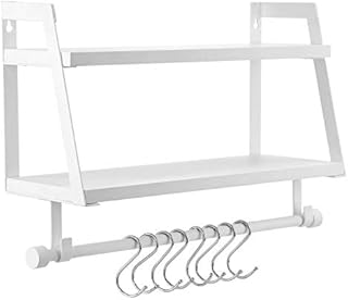 Halcent Wall Shelves Wood Floating Shelves, 2 Tier Storage Shelves Bathroom Shelf Kitchen Spice Rack with 8 Hooks for Bathroom Kitchen Utensils