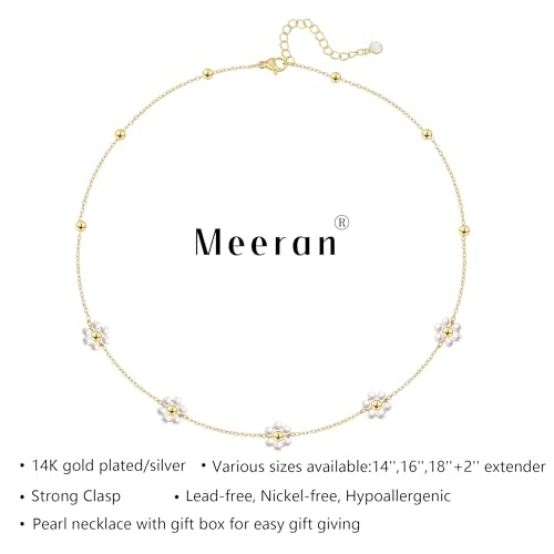 Daisy Pearl Necklace, 14-18 inches Dainty Pearl Choker Necklaces for Women 14K Gold/Silver Flower Necklace Birthday Gifts for Her Pearl Jewelry4