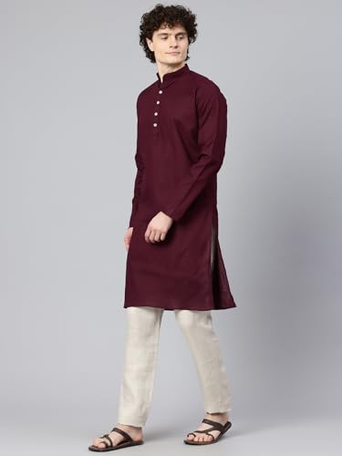Image of Majestic Man Men's Cotton Regular Fit Casual Mandarin Collar Ethnic Motifs Solid Long Kurta