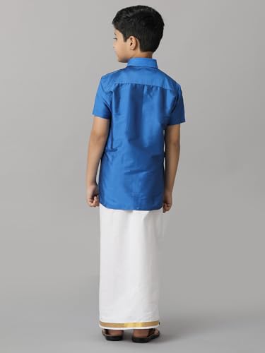 Image of RAMRAJ COTTON Boys Silk Cotton Shirt With Adjustable Cream Dhoti Perfect For Ceremonies| Festivals| And Special Occasions