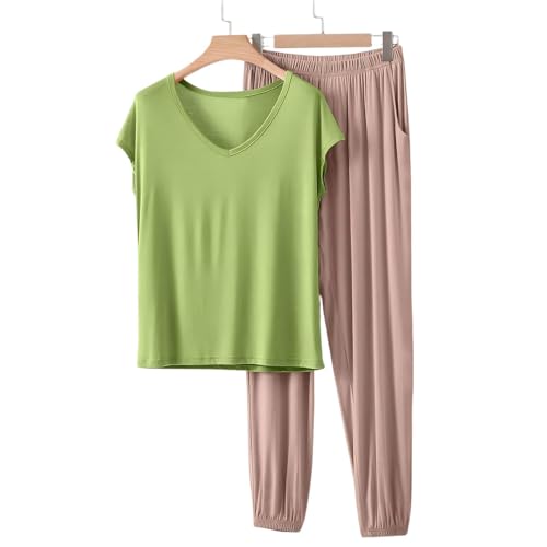 Image of HGps8w Women's Modal Soft Summer Pajamas Sets, Loose V Neck Short Sleeve Top Joggers Pants Matching 2 Piece Lounge Outfits