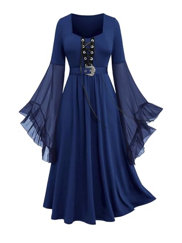 Rosegal Plus Size Renaissance Costumes Dress for Women Medieval Bell Sleeves Lace-up Midi Dress Halloween Costumes Dress Witch Cosplay Flowy(Blue_1/5X)