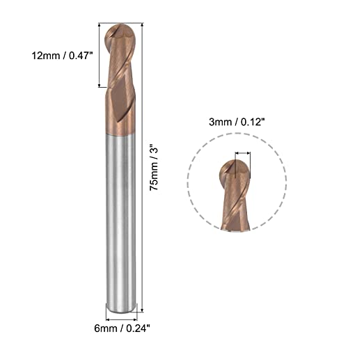 Image of uxcell Ball Nose End Mill 3mm Tip Radius Solid Carbide AlTiSin Coated CNC Router Bits 2 Flute Spiral Milling Cutter HRC55 with 6mm Shank 75mm (3-inch) Length