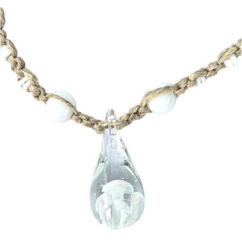 BlueRica White Mushroom in Glass Pendant on Hemp Necklace with Puka Shell Beads2