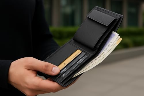 Image of Men's Leather Wallet Bifold Slim Design with Multiple Card Slots, Cash Compartment and Compact Pocket Friendly Wallet for Everyday Use (Black)