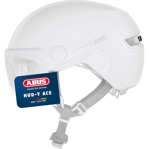 Casco Urbano HUD-Y Ace de ABUS: Elegante Casco de Bicicleta con Visera y luz Trasera LED Recargable magnética, para Hombre y Mujer, Blanco Puro, Talla M.