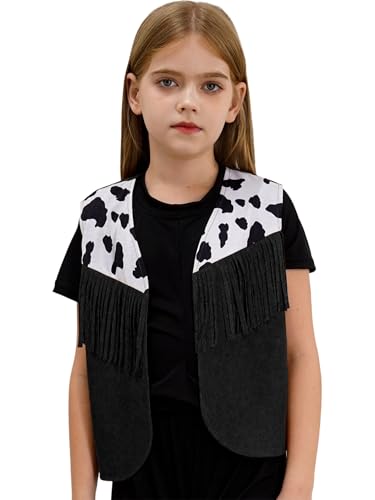 Kids Western Cowboy Cowgirl Vest Outerwear Cow Pattern Print Fringe Waistcoat