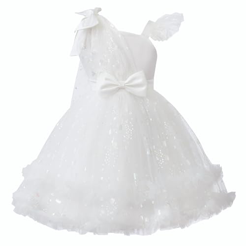 Uhnice Flower Girls One Shoulder Dress Bowknot Tulle Skirt for Wedding Party Pageant (White, 5-6/120)