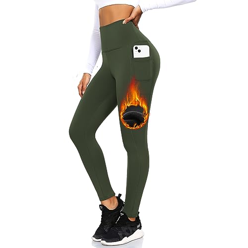 ACTINPUT Thermo Leggings Damen Gefütterte Thermoleggins High Waist Thermohose Winter Warme Sportleggins Strumpfhosen Yogahose Laufhose Sporthose mit Taschen(Armee Grün,L-XL)