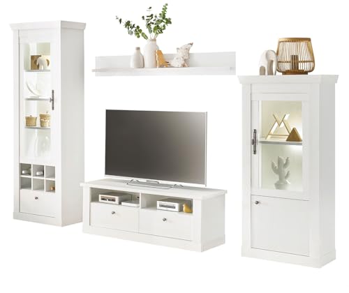 Furn.Design Wohnwand in weiß Pinie Landhaus, Wohnkombination 4-teilig mit Soft-Close-Funktion und viel Stauraum, Fiastra