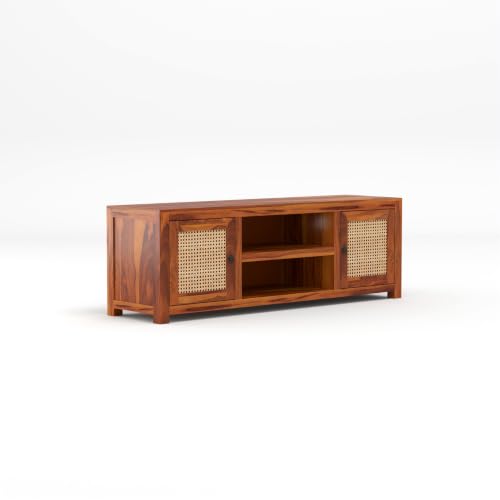 Image of Solid Sheesham Wood Entertainment TV Unit with 2 Door | Rosewood Tv Stand /TV Cabinet for Living Room | Bedroom | Wooden TV Panel with Shelf Stoarge | TV Table
