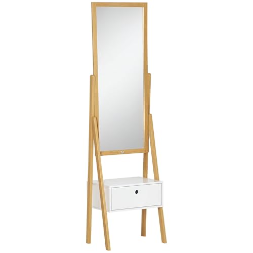 HOMCOM Espejo sobre Pata de Bambú Espejo de Cuerpo Entero Rectangular con 1 Cajón para Vestidor Moderno 45x30x160 cm Natural