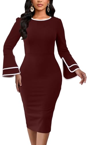 Image of Church Dress for Women Flared Sleeve Midi Pencil Dress Elegant Teacher Office Business Wear to Work Dresses