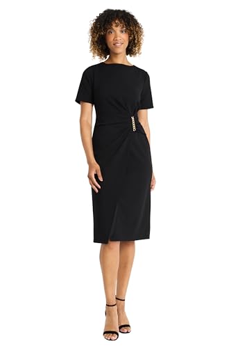 Maggy London Women's Short Sleeve Knee-Length Sheath Dress-Gathered Waist with Gold Chain Detail