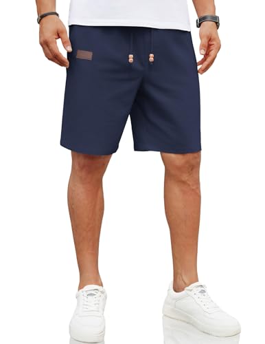 COOFANDY Mens Shorts Linen Summer Shorts with Drawstring Short Pants Casual Beach Short Trousers Elastic Waist Solid Regular Fit Navy Blue S