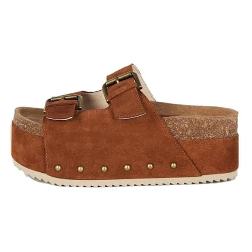 Image of MICIFA Women's Suede Platform Sandals Cork Buckled Band Platform Sandals Clogs Slip On Flatform Slides Shoes