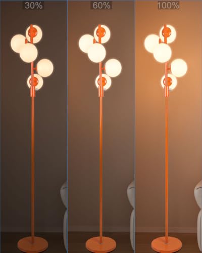 Image of 64IN Dimmable Orange Floor Lamp, Tall Standing Lamps with 5 Globe Soft Warm White Eye Care 3000K G9 Bulbs, Mid Century Modern Floor Lamp with 5Lbs Heavy Base for Living Room Bedroom Office