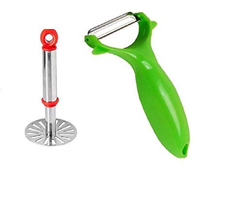 RELEENA Combo of Fruits Vegetables Peeler and Potato Pav Bhaji Masher with Steel Handle Kitchen Tool Set (Pack of 2, Multicolour)