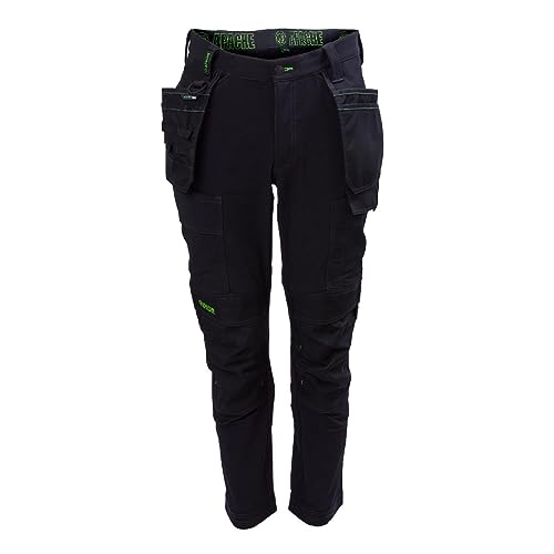 Apache Mens Calgary Work Trousers | Black 32W x 33L | Slim Fit Stretch Utility Pant | Cordura Holster Cargo Pockets | Comfortable Elasticated 4 Way Stretch