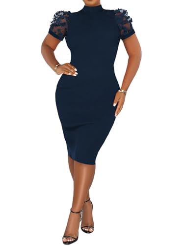 Image of Fastkoala Women's Elegant Ribbed Bodycon Dress Lace Short Sleeve Slim Fit Midi Dress Turtle Neck Night Club Party Dresses
