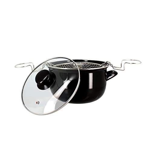 MENASTYL - Friteuse 20cm en acier émaillé noir et bord chrome - Fournie avec couvercle et panier, pour des frites maison délicieuses - 3645579