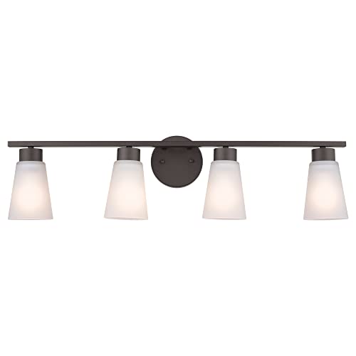 Image of Kichler Stamos 4-Light Bathroom Vanity Light with Satch Etched Glass Shades, 26 inch Modern Wall Light in Olde Bronze, (26 inch x 8 inch x 5 inch)