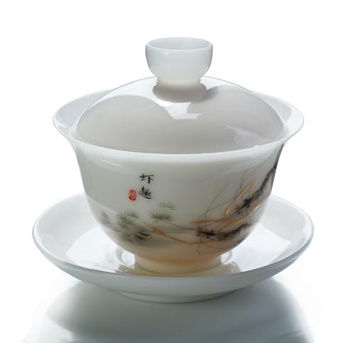 Image of Liang baobao Ice Jade White Porcelain Gaiwan,5oz Teacup Suet-fat Jade Porcelain Chinese Tea Cup Set for Gongfu Tea (shrimp)