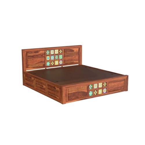 Image of King Size Bed with Storage Box | Sheesham Wood Bed | Multicolor Tiles Design Double Bed Woooden Cot for Bedroom & Hotel | Honey Finish, Recommended Mattress Size: 78x72 Inch