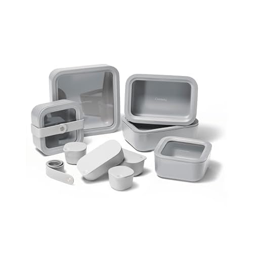 Caraway 14pc Glass Food Storage Container Set – Easy to Store, Non Toxic Lunch Box – with Glass Lids – Includes Storage Organizer & Dot & Dash Inserts – Gray