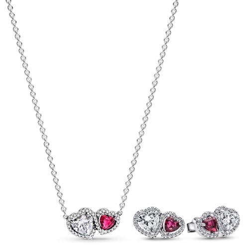 Juego de joyas PANDORA de plata de ley 925 con pendientes y collar de corazón 28512