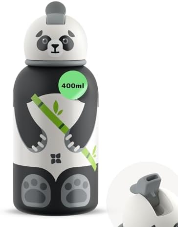 waterdrop® Trinkflasche Kinder 400ml - Edelstahl-Isolierflasche mit Strohhalm, auslaufsicher, wiederverwendbare Wasserflasche mit Tiermotiven für Schule, Sport, Freizeit & Kleinkin