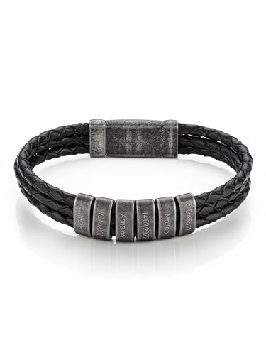 MYCLUSIV® Personalisiertes Lederarmband für Herren mit Namen auf Oxid-Beads - Armband mit Gravur - Geschenk für Männer - Männerarmband - Geschenk für Papa