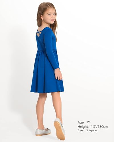 Image of Stelle Long Sleeve Girls Dress Toddler Dresses Skater Twirl Cotton A-Line Dress for School Casual | Criss Cross Back,Crew Neck,High Waist,Spinny Swing,Stretchable,Spring Fall Winter,Casual School Birthday Dance