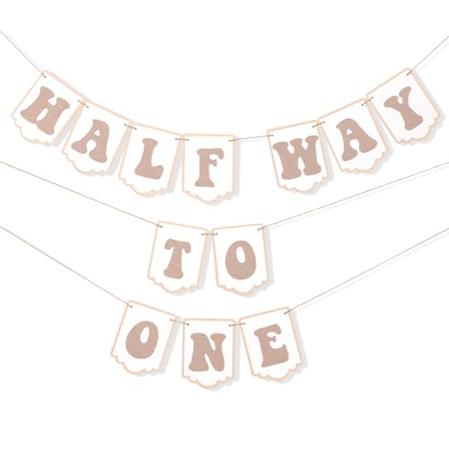Image of Half Way To One Banner - Baby 1/2 Birthday Party Decorations for Boys Girls, Neutral Rustic Baby Shower Decor, Six Months Happy Birthday Photo Props