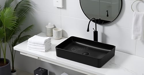 Image of QUALITO Designer Table Top Wash Basin for Bathroom, Living Room, Hall, Dinning Room | Big Size Black Ceramic Vessel Sink /Basin | Glossy Finish Marble Vanity Basin (24x14x5 Inch, Black)