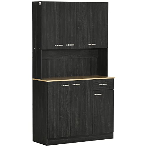 HOMCOM Alacena de Cocina Mueble Auxiliar de Cocina Alta con 6 Puertas Cajón Encimera Abierta y Estantes Ajustables Estilo Moderno Negro Veteado 101x39x180 cm